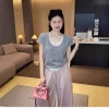 Korean-style U-neck fake two-piece short-sleeved T-shirt for women's summer new versatile and slimming, candy-colored simple thin shoulder T-shirt Specification image